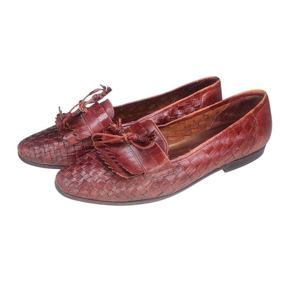 Vintage Ipanema Woven Leather Slip On Oxfords Loafers Oxblood Burgundy